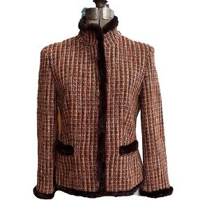 Olsen Orange & Brown Tweed Jacket Blazer With Faux Fur Trim Fitted Snap Closure